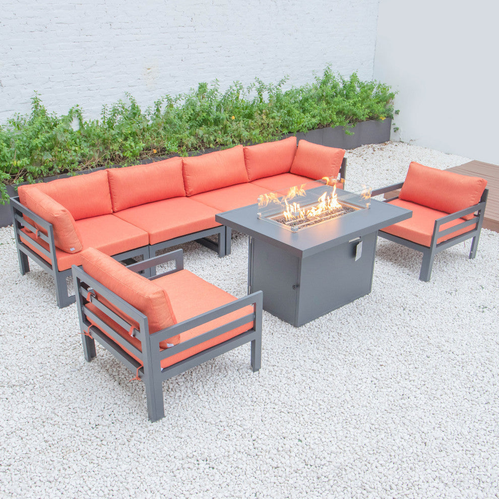 LeisureMod Chelsea 7-Piece Outdoor Sectional With Fire Pit Table, Orange