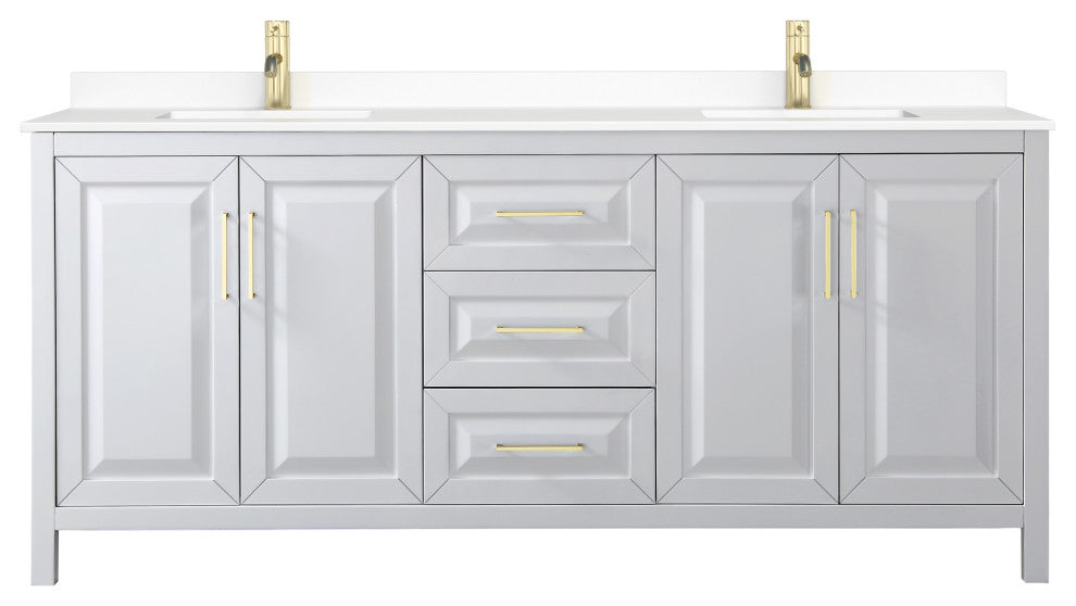 80"DBL Bath Vanity, White, White Cult. Marble Countertop, Sinks, Gold Trim