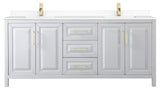 80"DBL Bath Vanity, White, White Cult. Marble Countertop, Sinks, Gold Trim