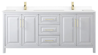 80"DBL Bath Vanity, White, White Cult. Marble Countertop, Sinks, Gold Trim