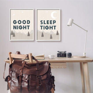 Good Night Sleep Tight Phrase Mountain Landscape Illustration, 2pc, each 16 x 20