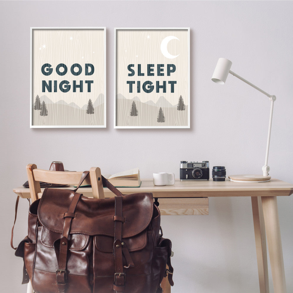 Good Night Sleep Tight Phrase Mountain Landscape Illustration, 2pc, each 16 x 20