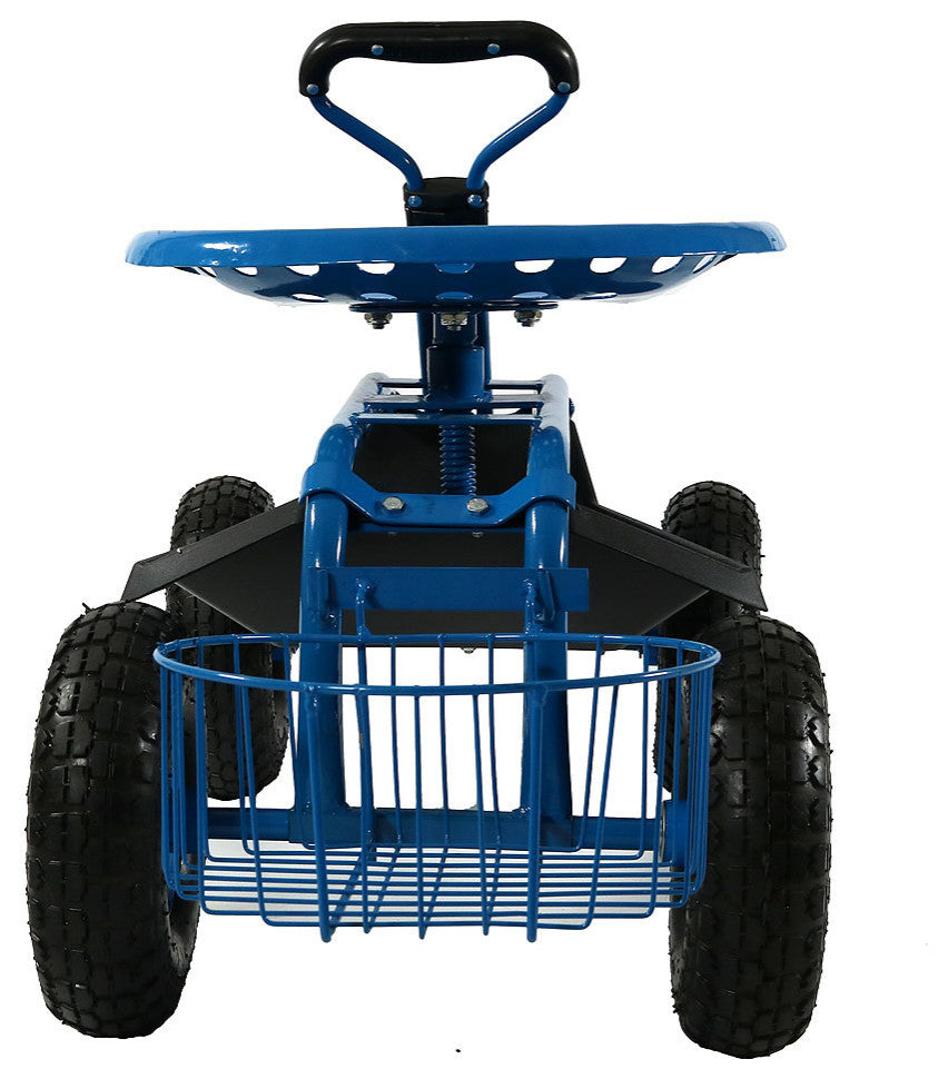 Sunnydaze Rolling Garden Cart With Steering Handle, Seat and Tray, Blue