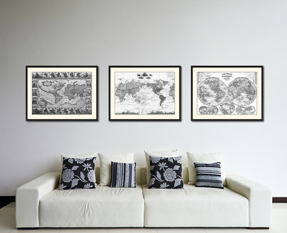 World Vintage Antique Map Print On Canvas With Black Custom Frame, 16"X21"