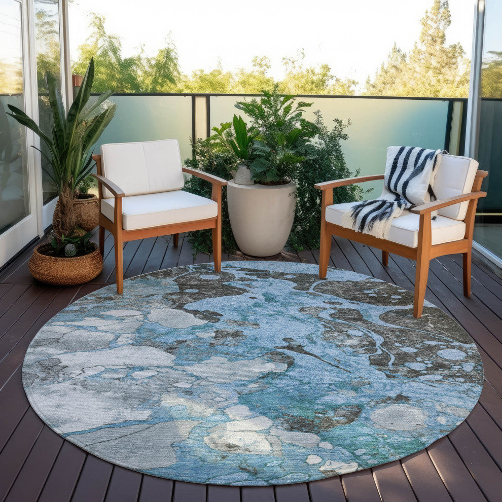 Machine Washable Indoor/Outdoor Chantille ACN1909 Blue 8' x 8' Round Rug