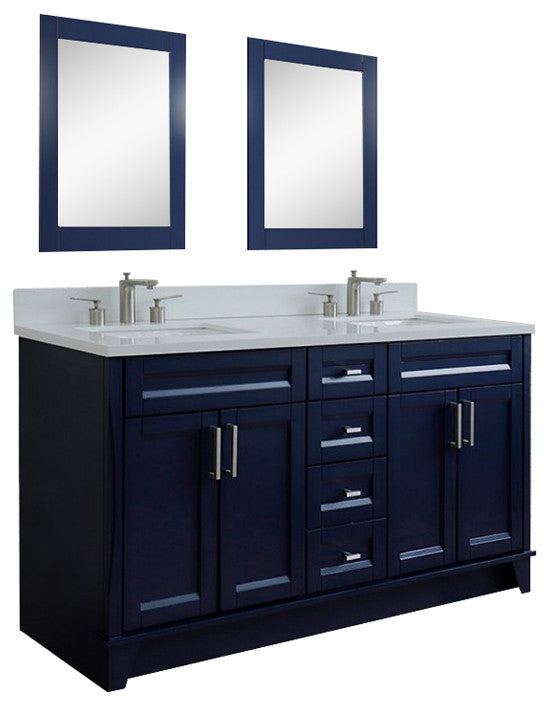 61" Double Sink Vanity, Blue Finish And Engineered Stone Top And Rectangle Sink