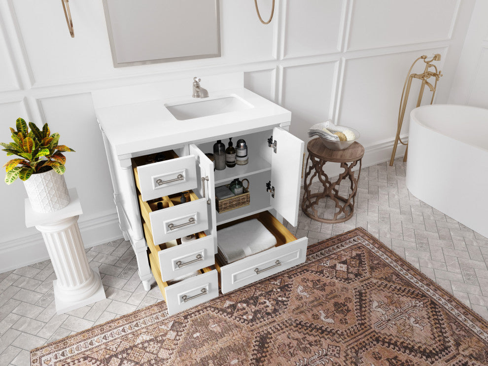 Aberdeen 36 Right Offset Bath Vanity in White 2" Calacatta Nuvo