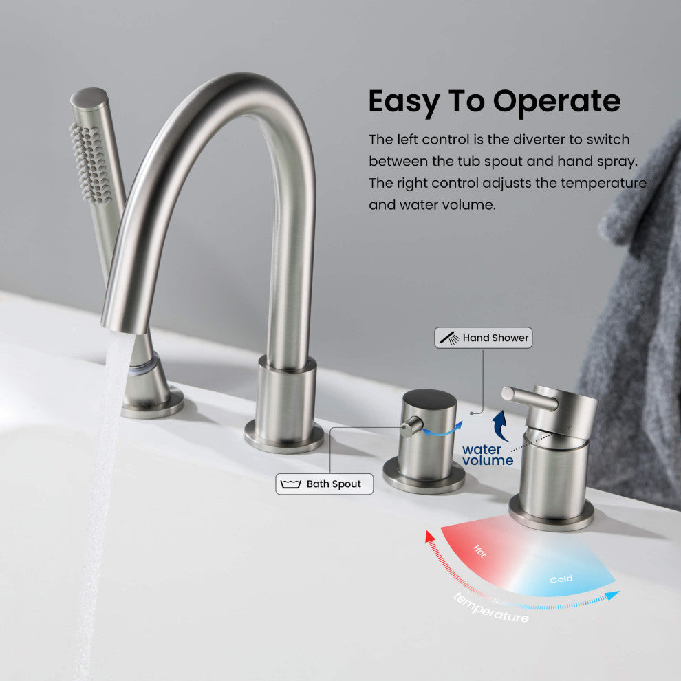 Circular Deck Mounted Bathtub Faucet With Hand Shower, Brushed Nickel