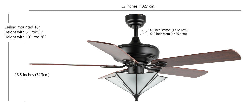 Moravia 52" 5-Light Farmhouse Rustic Shade LED Ceiling Fan With Remote, Black