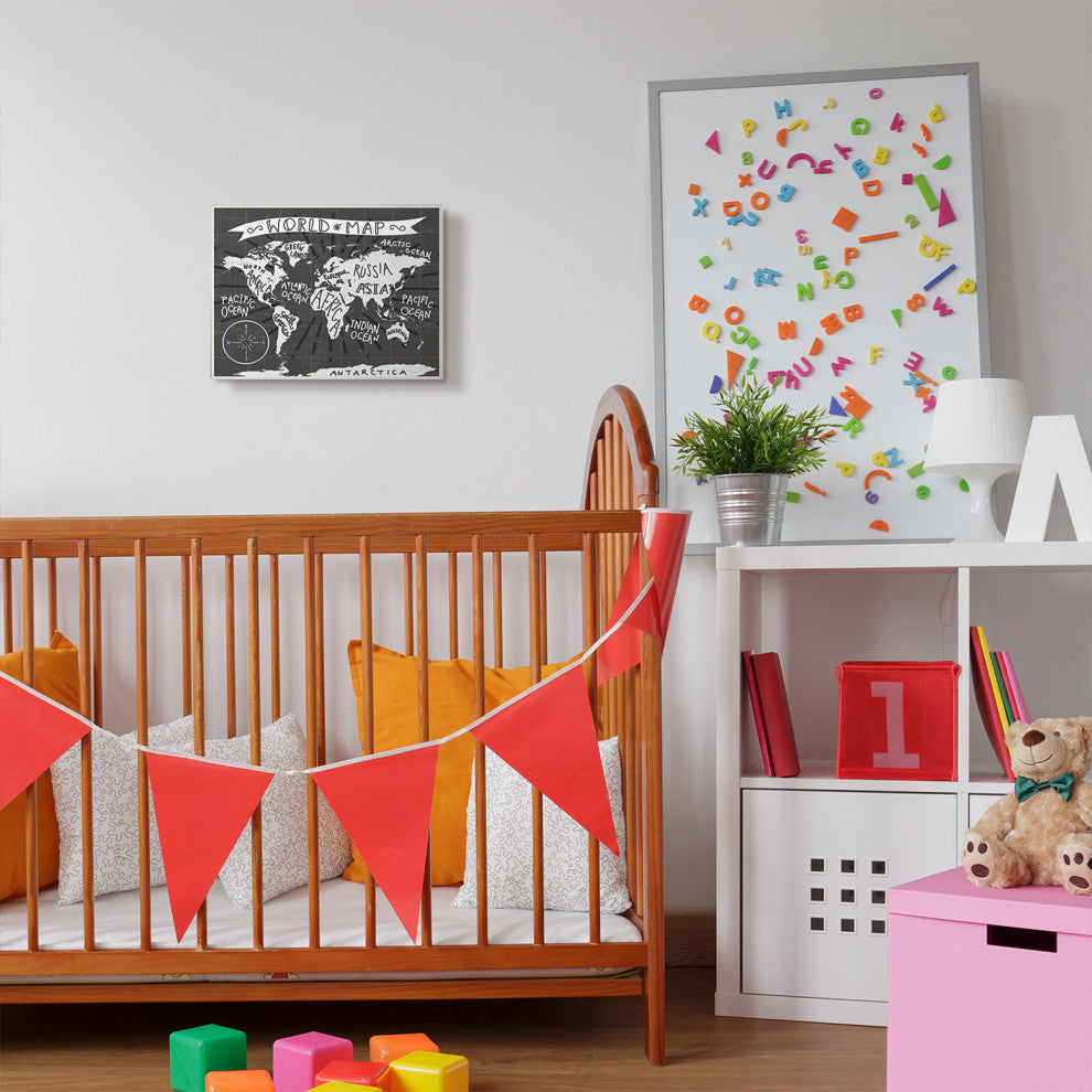 Kids World Map Black and White Nursery Design, 10"x15"