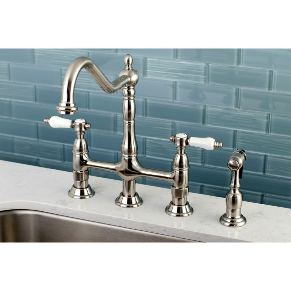Kingston Brass Bridge Kitchen Faucet With Brass Sprayer, Brushed Nickel