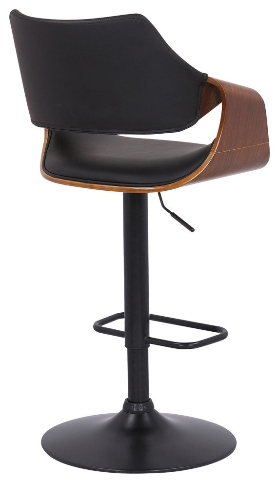 Black Faux Leather and Walnut Wood and Black Swivel Adjustable Bar Stool