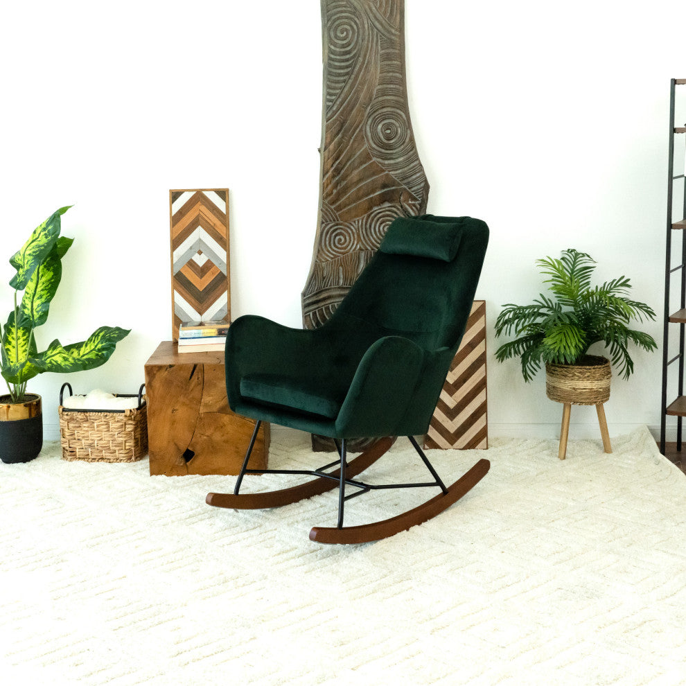 Rumi Mid-Century Modern Indoor Nursery Rocking Chair, Dark Green