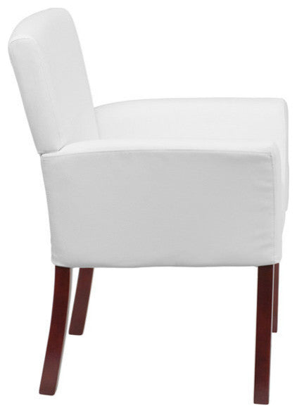 White Leather Executive Side Reception Chair With Mahogany Legs