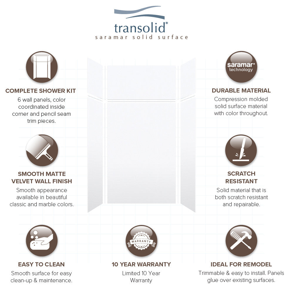 Transolid SaraMar 48"x36"x96" 6-Piece Shower Wall Kit, White Velvet