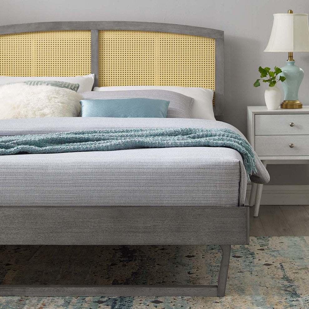 Sierra Cane and Wood King Platform Bed With Angular Legs MOD-6701-GRY