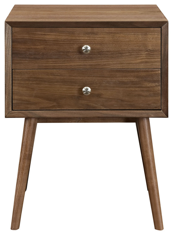 Nightstand Side End Table, Wood, Brown Walnut, Modern Mid-Century Living Room