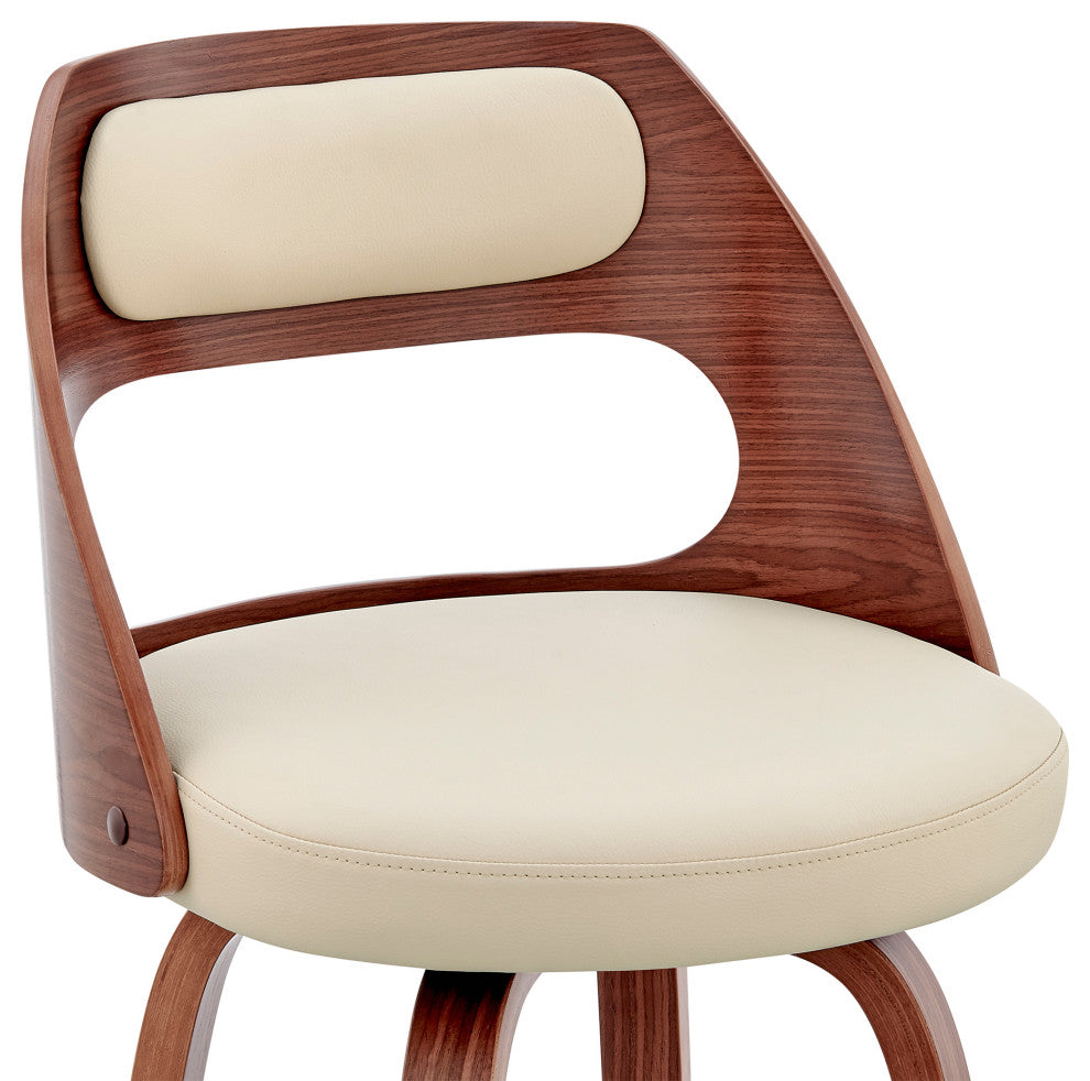 Julius Faux Leather and Wood Bar Stool, Cream and Walnut, 26"