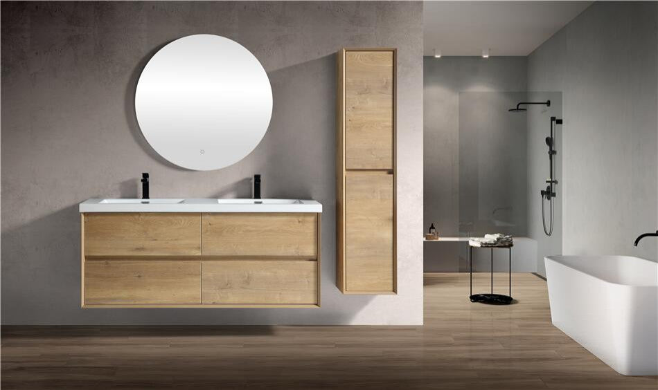 Ashley 60'' Floating Vanity, Acrylic Top, Double Sink, White Oak