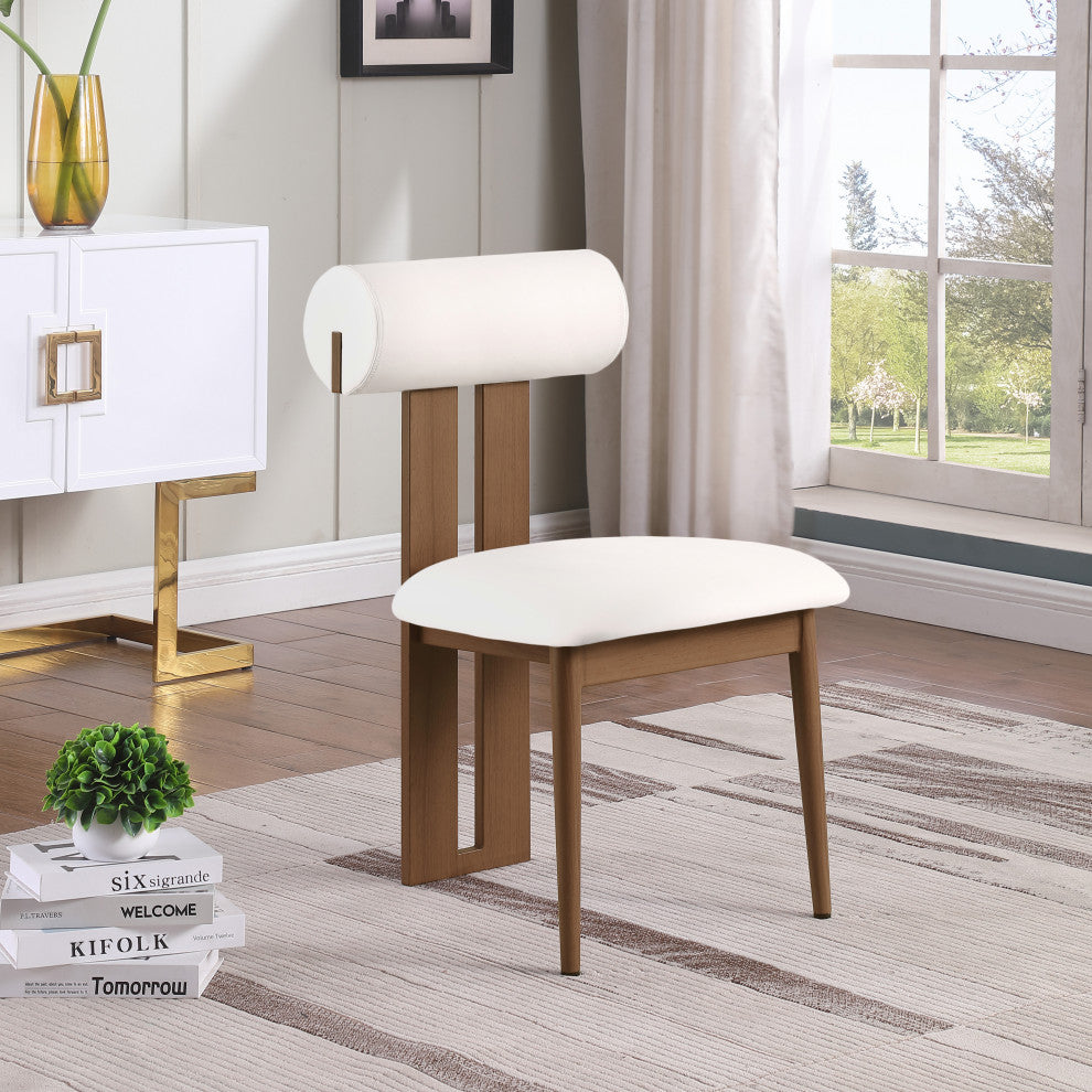 Dario Upholstered Dining Chair, Set of 2, Cream, Vegan Leather, Walnut Wood Look
