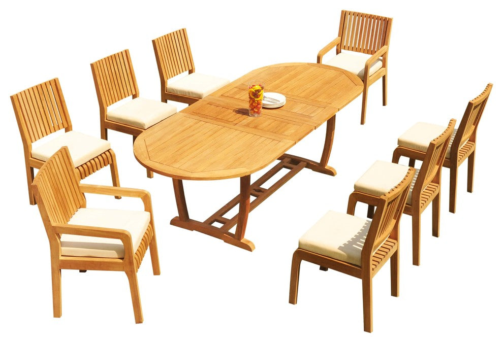 9-Piece Outdoor Teak Dining Set: 94" Masc Oval Extension Table, 8 Maldives Chair
