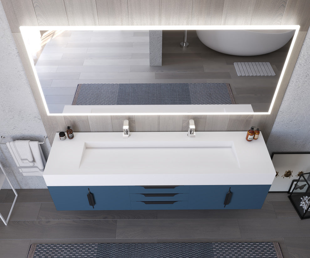 CastelloUSA Alpine 72" Wall Mounted Vanity, Base Only, Blue, Black Handles