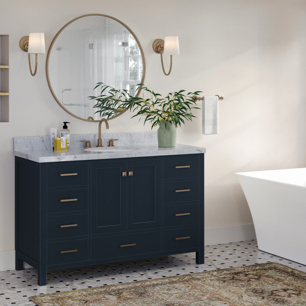 Ariel Cambridge 55" Oval Sink Midnight Blue Vanity Carrara White Top, No Mirror