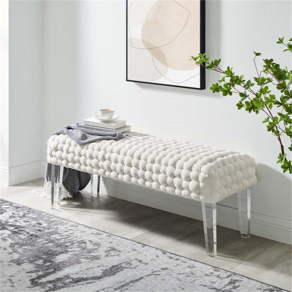 Prologue Woven Performance Velvet Ottoman, White