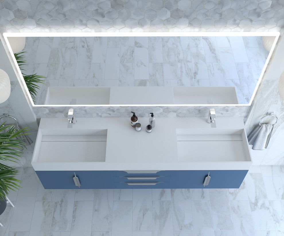 CastelloUSA Amazon 72" Wall Mounted Vanity Set, Blue, White Top, Chrome Handles