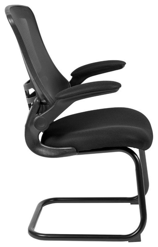 Black Mesh Sled Base Side Reception Chair with Flip-Up Arms
