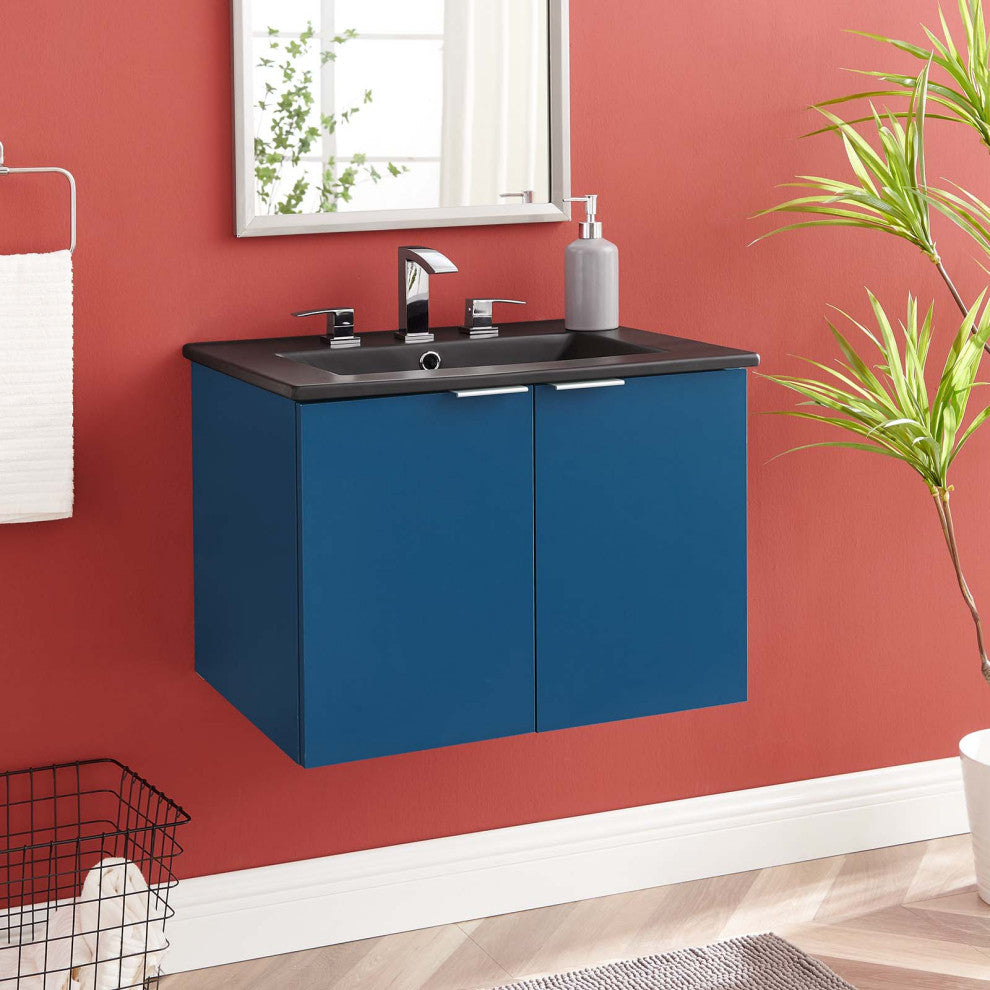 Sink Vanity Cabinet, Wall Mounted, Melamine, Blue Navy Black, Modern, Bathroom