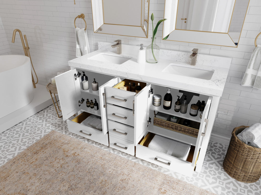 Malibu 60 Double Sink Bathroom Vanity in White  2" Calacatta Gold