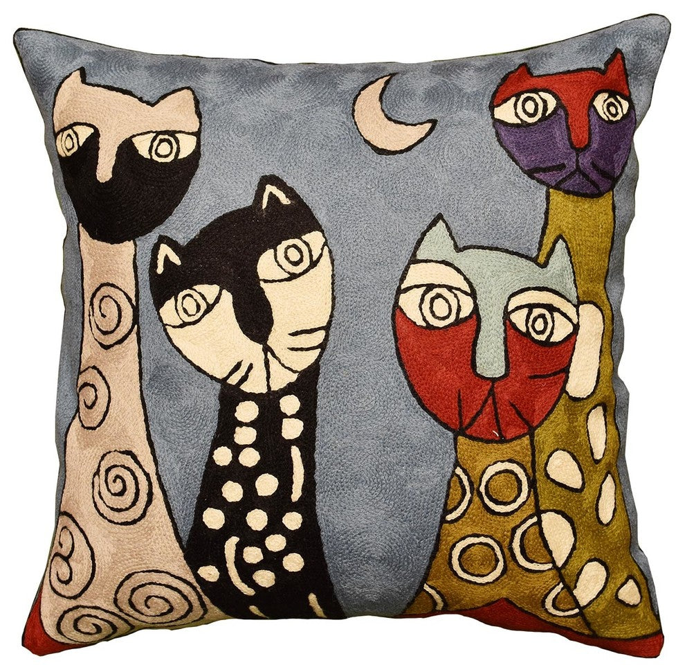 Picasso Cat Pillow Cover Quadruplets II Hand Embroidered Wool 18x18"