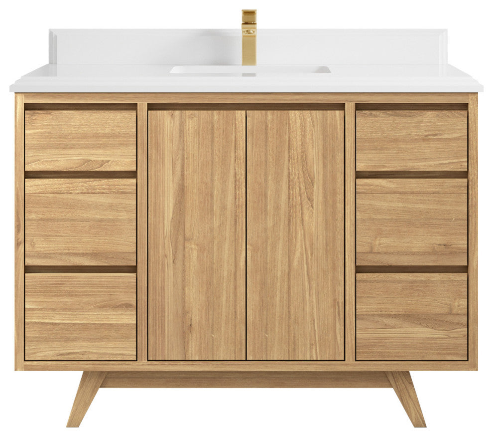 Madison Teak 48 Single Sink Bath Vanity in Light Natural 1.5" White Quartz
