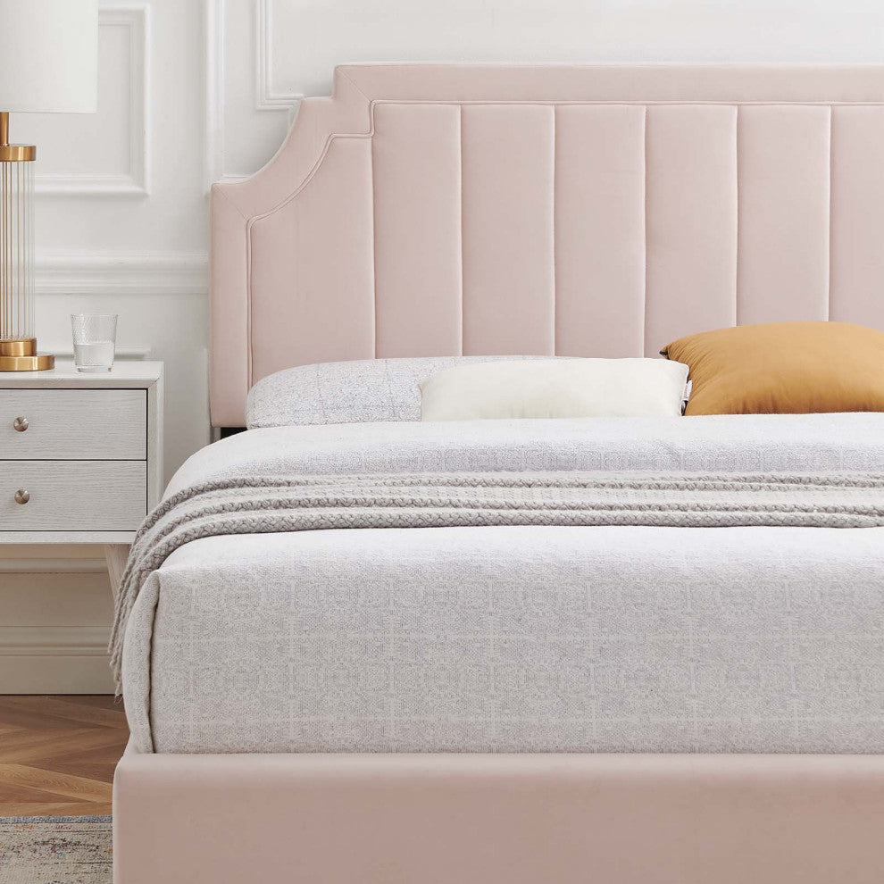 Platform Bed Frame, King Size, Velvet, Pink, Modern Contemporary, Bedroom Master