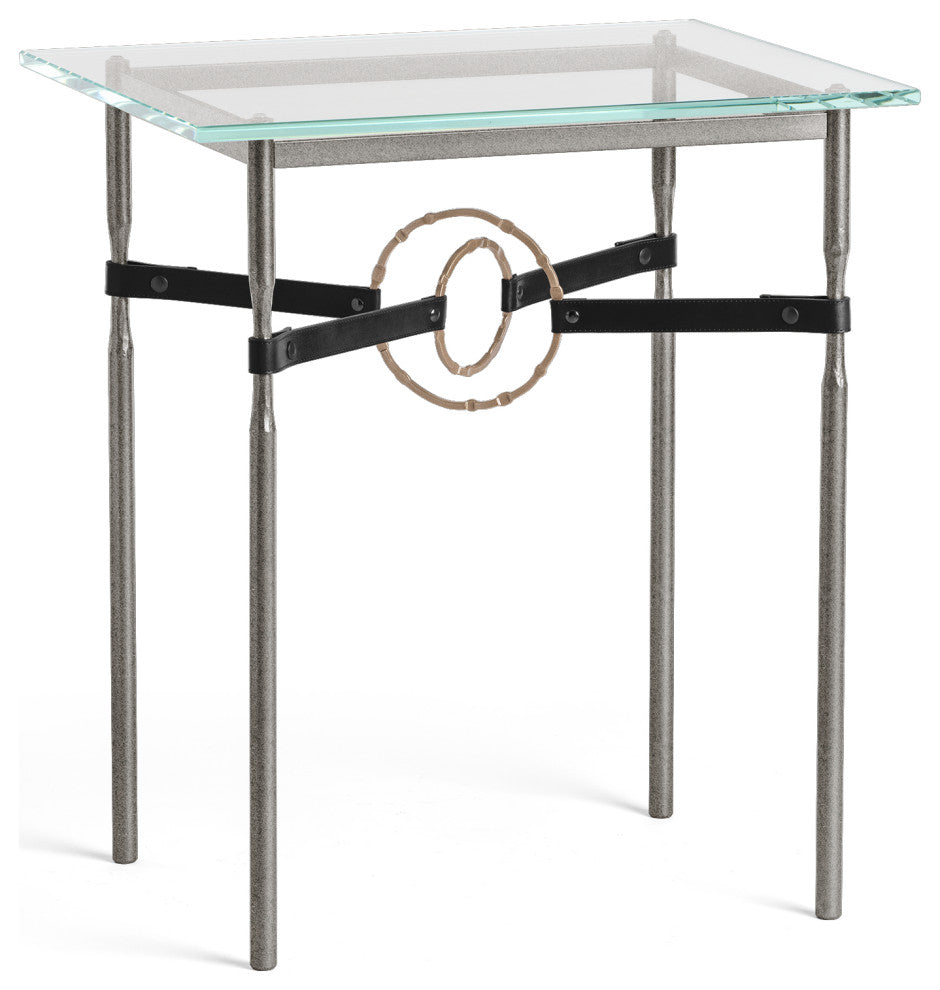 Equus Side Table, Natural Iron Finish, Soft Gold Accents, Black Leather Strap