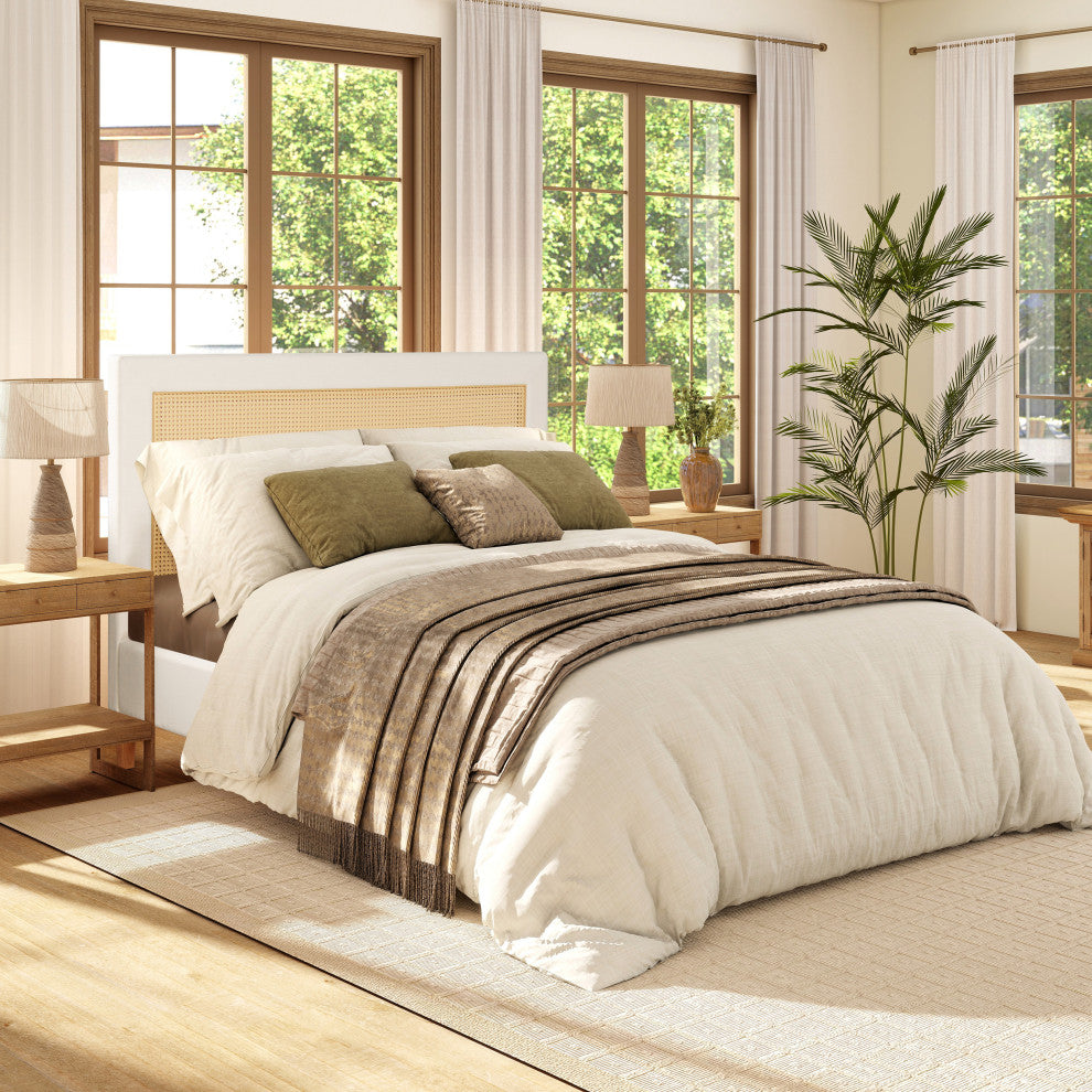Haley Upholstered Cane-Back Platform Bed, Snow White Polyester, Queen
