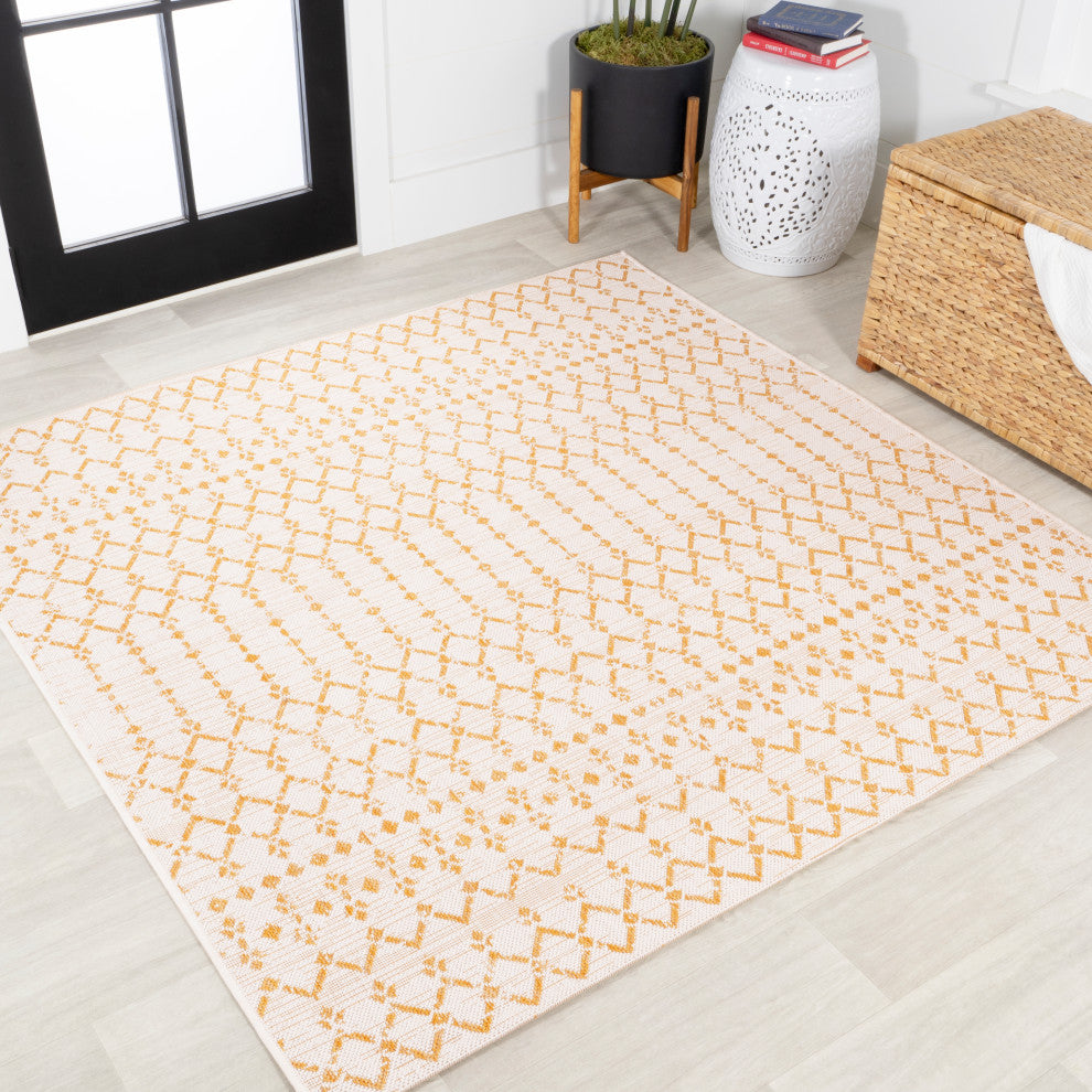 Ourika Moroccan Geometric Indoor/Outdoor Rug, Cream/Yellow, 5' Square