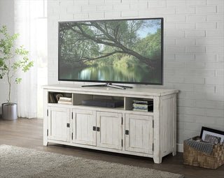Rustic TV Stand, 3 Open Compartments and 3 Storage Cabinets, Antique White