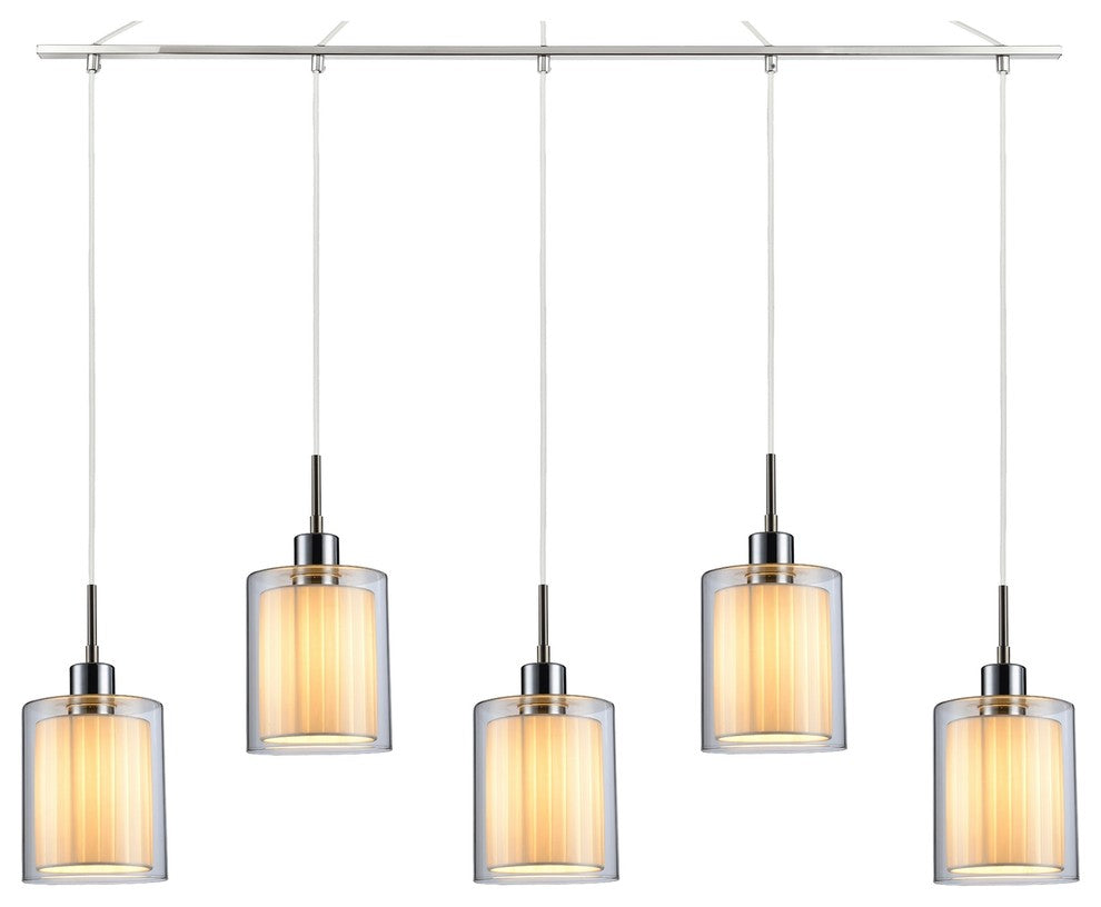 Alaina 5L Linear Pendant, Clear Glass/Off-White Pleated Shade