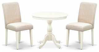 3 Pc Kitchen Set, 1 Pedestal Table, 2 Light Beige Parson Chairs, Linen White