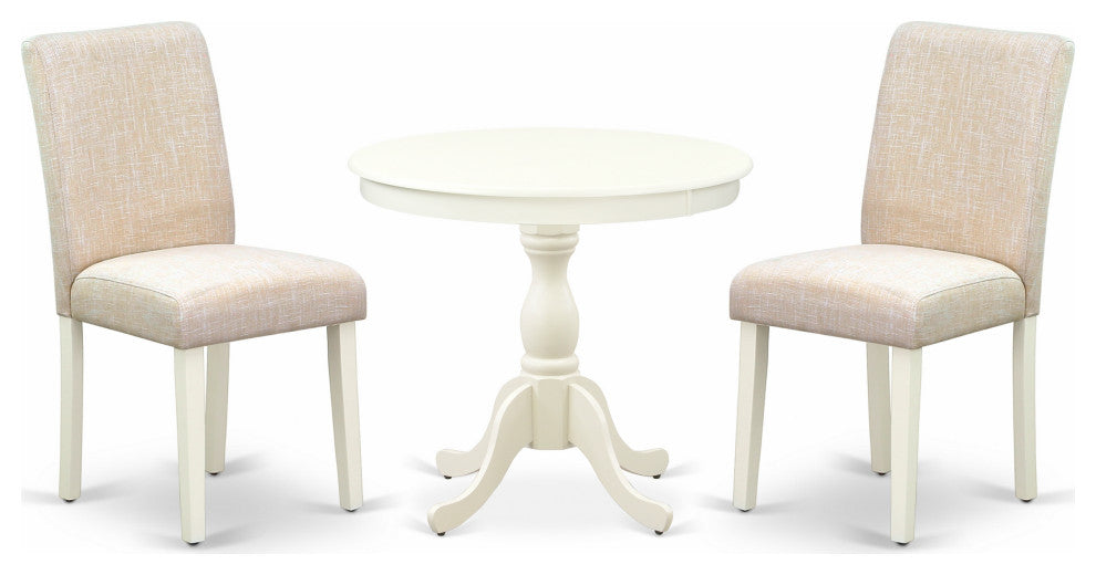 3 Pc Kitchen Set, 1 Pedestal Table, 2 Light Beige Parson Chairs, Linen White