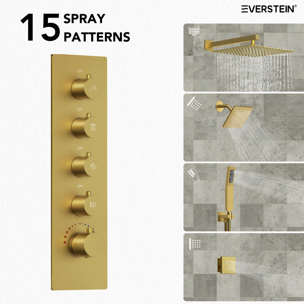 Dual Heads 16" Thermostatic Shower System With Hand Shower, Brushed Gold