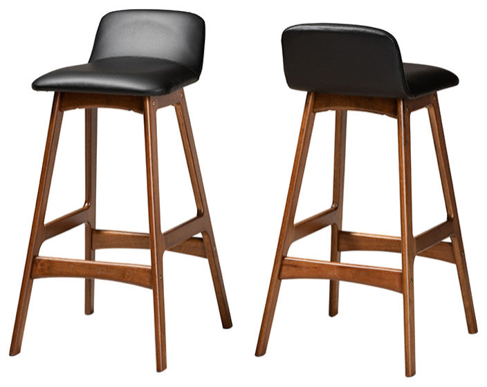 Cathryn Modern Black Faux Leather and Walnut Stools, Set of 2, Bar Height