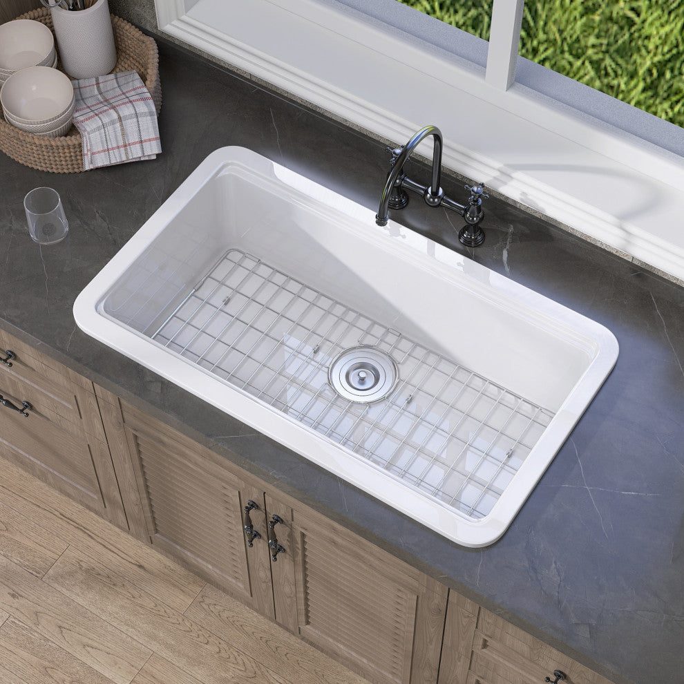 33"Lx18"W Drop-In/Undermount Single Bowl Farmhouse Kitchen Sink With Accessories
