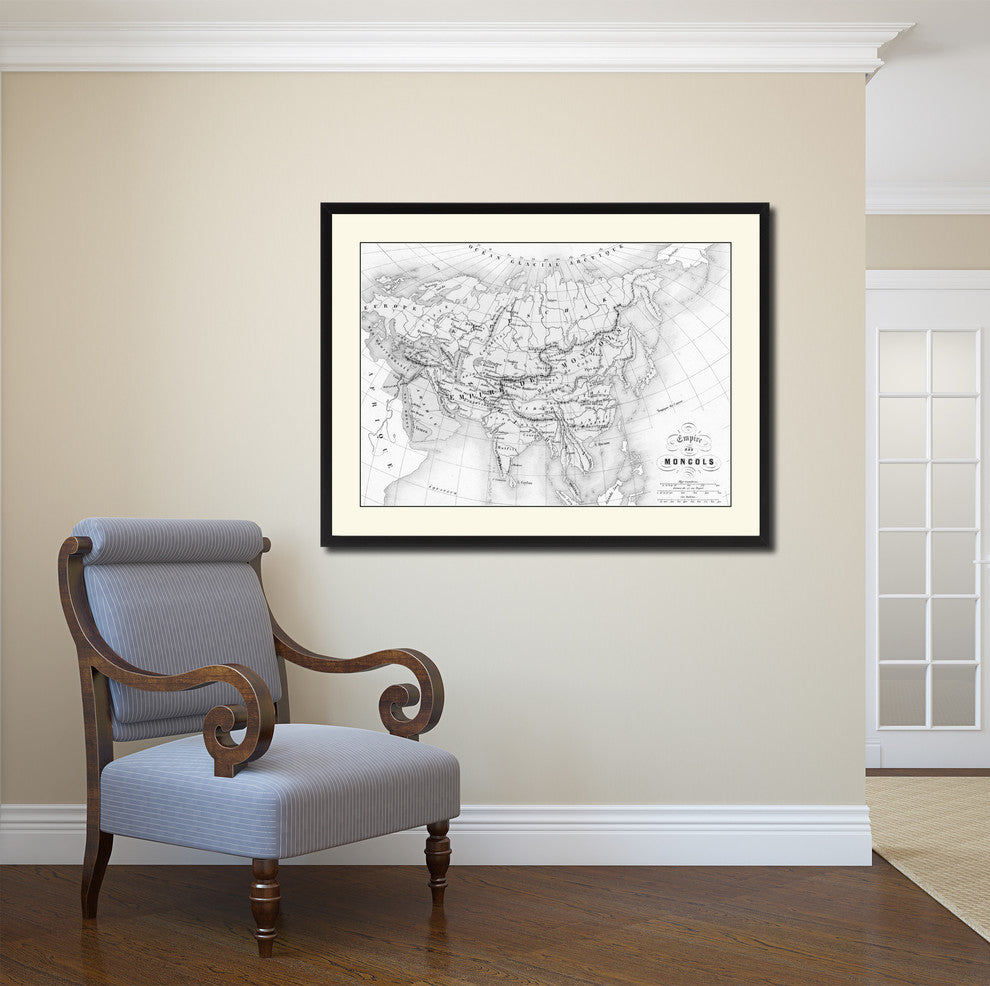 Mongolian Empire Asia Map Print On Canvas With Black Custom Frame, 28" X 37"