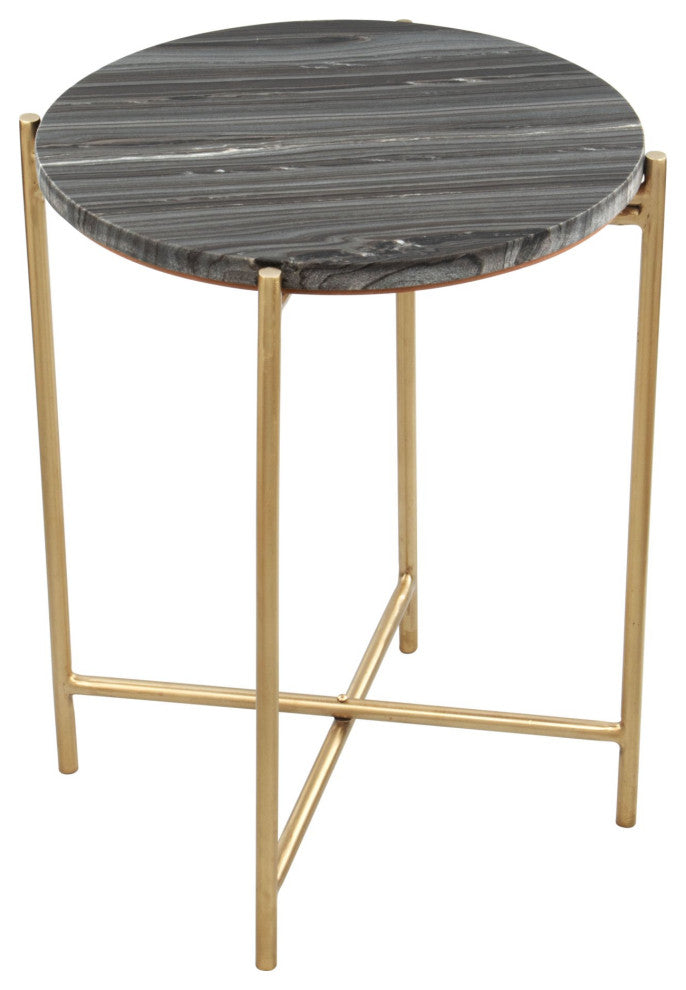 Sofa Side Table, Round, Artificial Marble, Iron Metal, Gray, Gold, Lounge