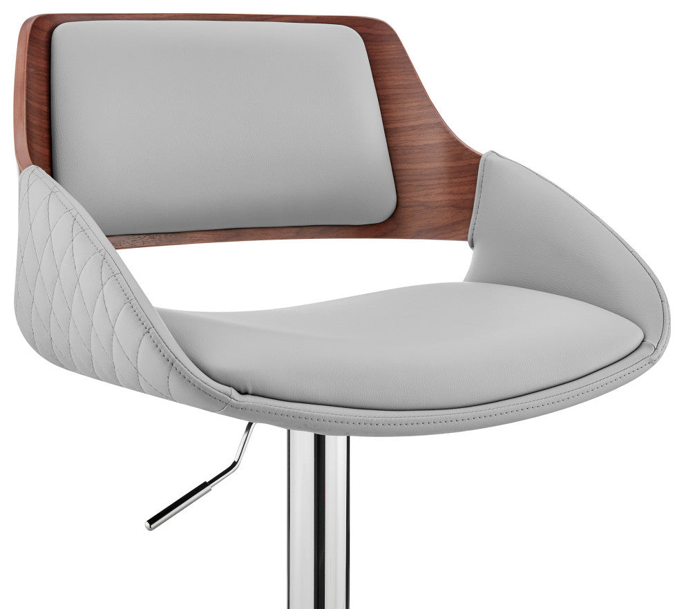 Colby Adjustable Faux Leather and Metal Bar Stool, Gray and Chrome