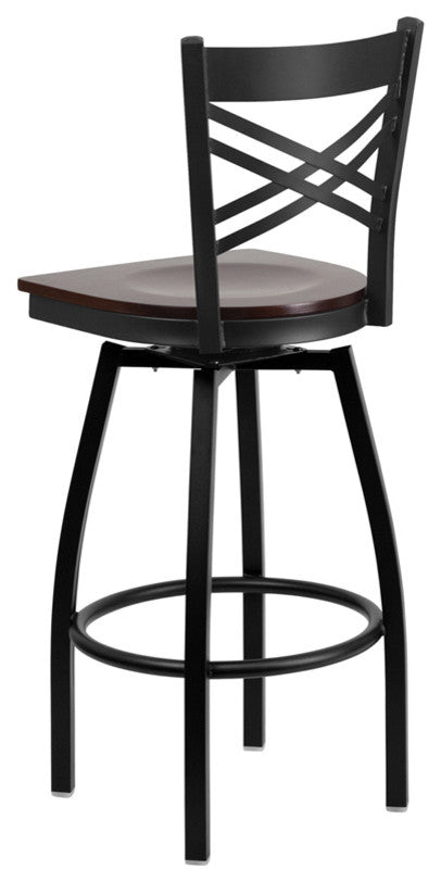 Dyersburg 30" Metal Barstool Black X-Style Back Swivel, Walnut Wood Seat
