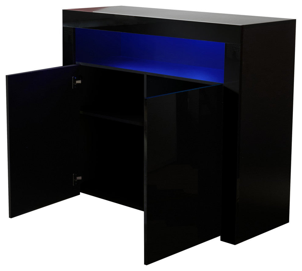 Wood Double Door Accent Cabinet with LED Light, Black, 42'' X 16''